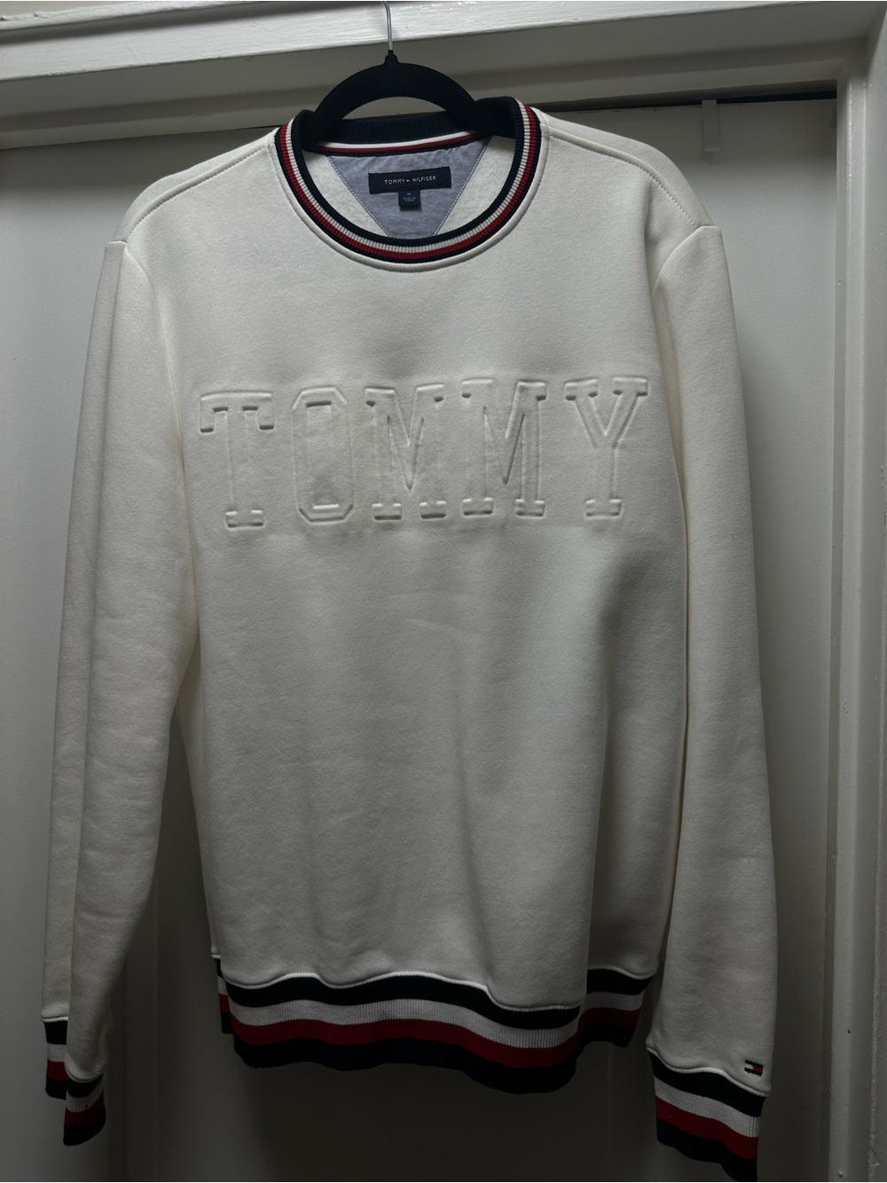 Tommy Hilfiger Cream Crewneck Sweater with Contrast Stripe Trim